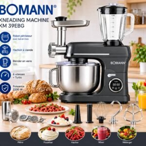 عجانة بومان المتعددة الوظائف الألمانية (Bomann Kneading Machine KM 39EBG)، وتأتي بسعة 8 لتر وقوة 2200 واط مع ملحقات تشمل خلاط عصير ومفرمة لحم.